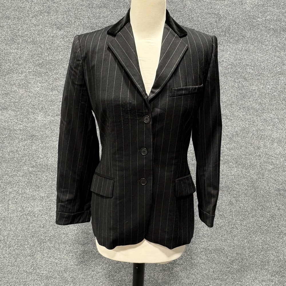 Vintage Ralph Lauren Blazer Womens 4 Black Pinstripe Jacket Velvet Collar USA